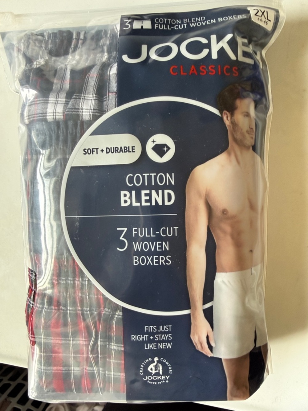 Jockey Classics Men’s Cotton Blend Full-Cut Boxers – Navy & Red Plaid (3-Pack)